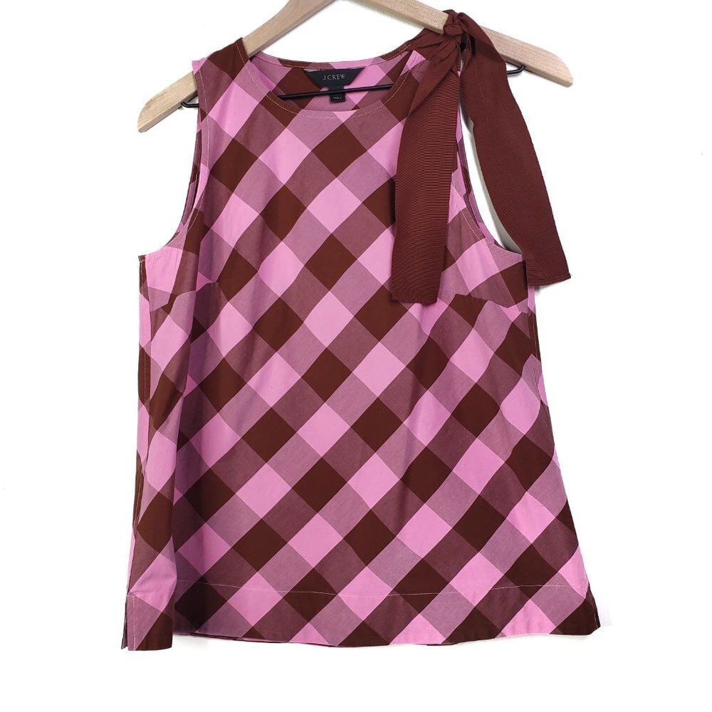 J.Crew Bow Shoulder Sleeveless Check Blouse 2 Pink Maroon